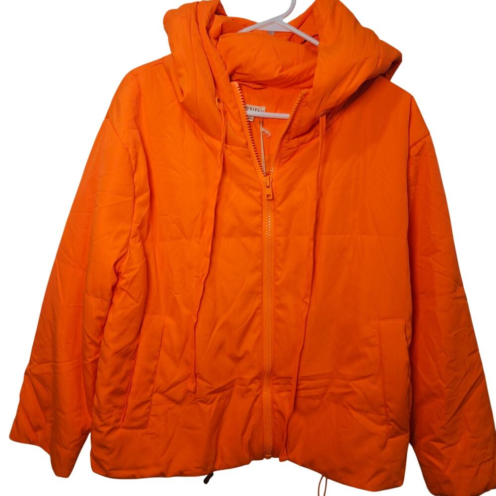 Jodifl Bright Orange Lightweight Puffer Jacket Hooded Coat Pockets Small NWT